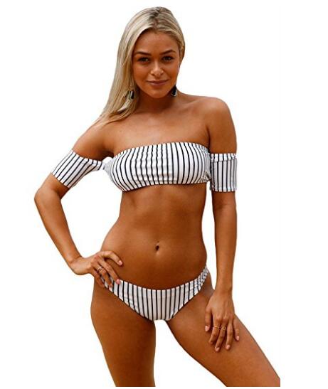 Stripe Off Shoulder Tube Bikini Top Two Piece Bathing Suit