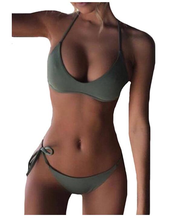 Womens 2Pcs Backless Seamless Solid Bikini Set Swimsuit