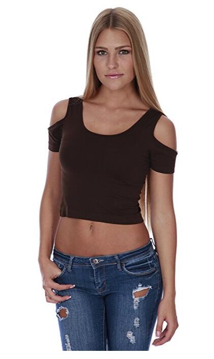 Womens Cut-Out Shoulder Crop Top Tank Seamless Shirt